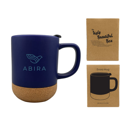 Matte blue ceramic mug with natural cork base and secure lid, featuring a custom logo；packaged in eco-friendly box
