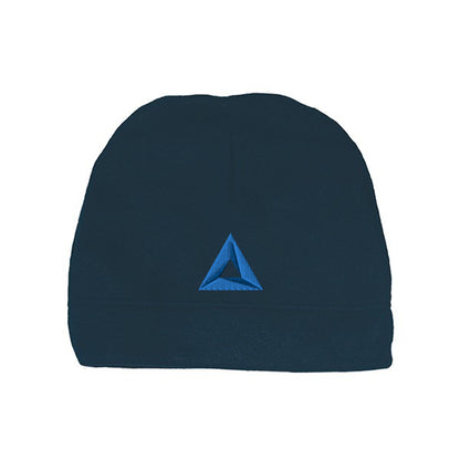 Navy blue hemmed polar fleece beanie featuring a dark blue embroidered triangle logo on the front center.