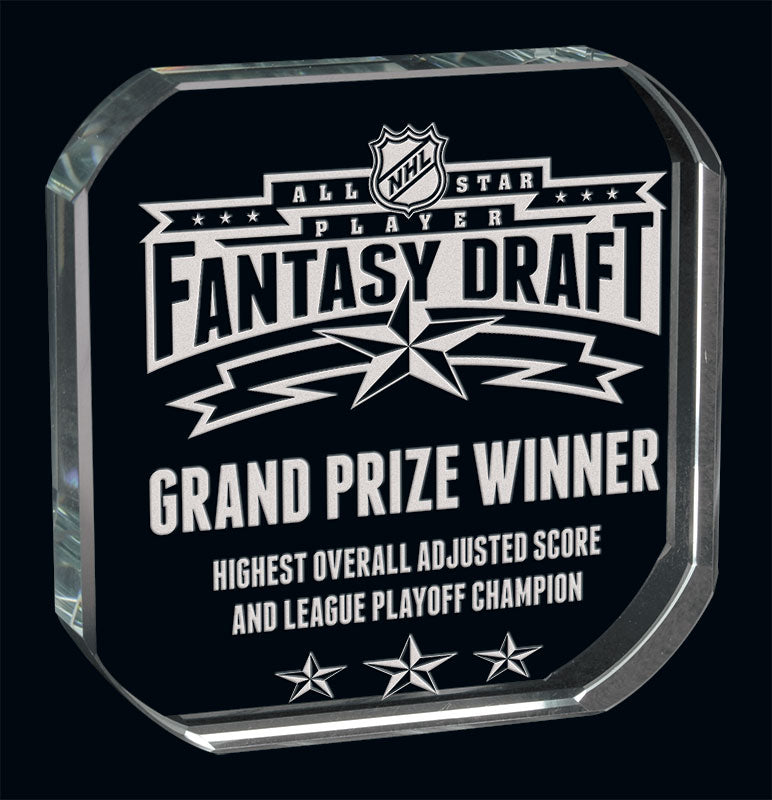 Crystal fantasy hockey trophy etched with NHL All-Star Player Fantasy Draft logo and "Grand Prize Winner – Highest Overall Adjusted Score and League Playoff Champion".