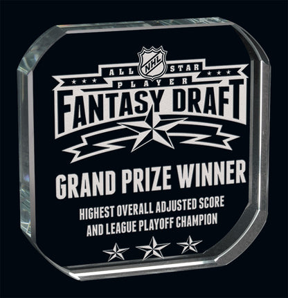 Crystal fantasy hockey trophy etched with NHL All-Star Player Fantasy Draft logo and "Grand Prize Winner – Highest Overall Adjusted Score and League Playoff Champion".
