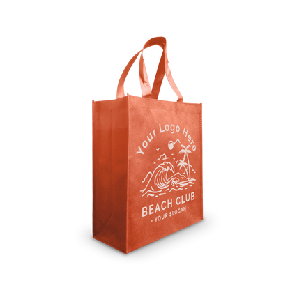Orange reusable tote bag with beach-themed custom logo design.