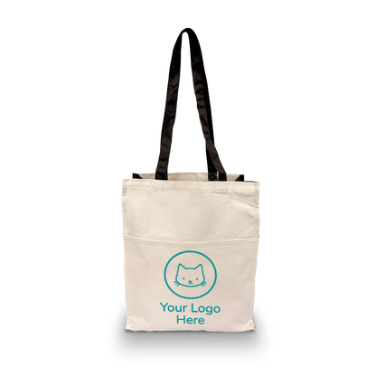 Tall canvas tote bag with black shoulder straps, front pocket, and custom cat logo design.