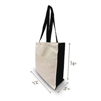 Side view of canvas tote bag with black straps and side panels, 12”W x 5”D x 14”H, with front pocket