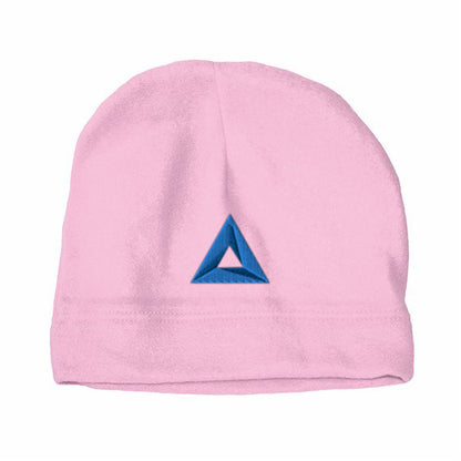 Light pink hemmed polar fleece beanie featuring a dark blue embroidered triangle logo on the front center.