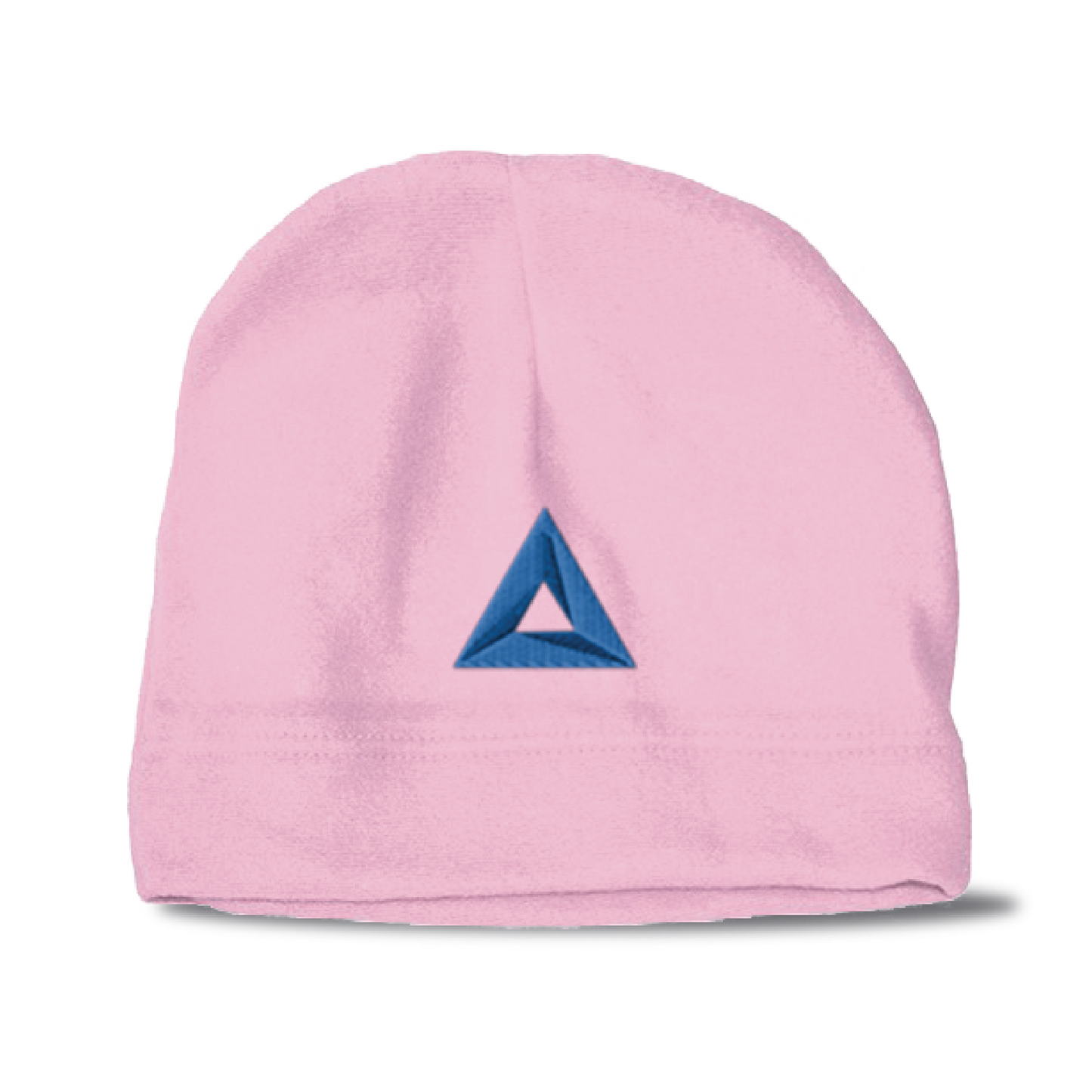 Light pink hemmed polar fleece beanie featuring a dark blue embroidered triangle logo on the front center.
