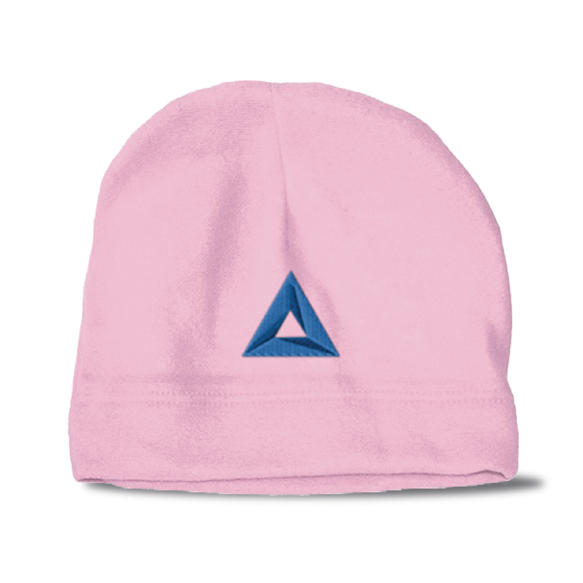 Light pink hemmed polar fleece beanie featuring a dark blue embroidered triangle logo on the front center.