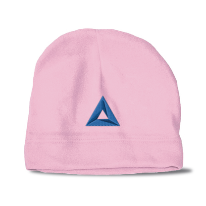 Light pink hemmed polar fleece beanie featuring a dark blue embroidered triangle logo on the front center.
