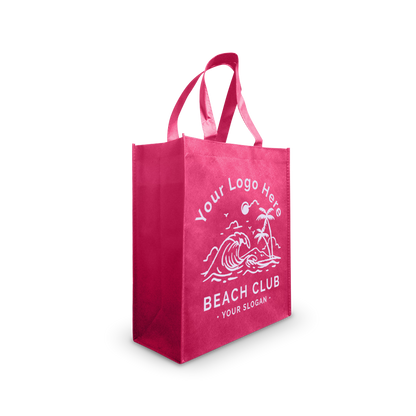 Pink reusable tote bag with beach-themed custom logo design.