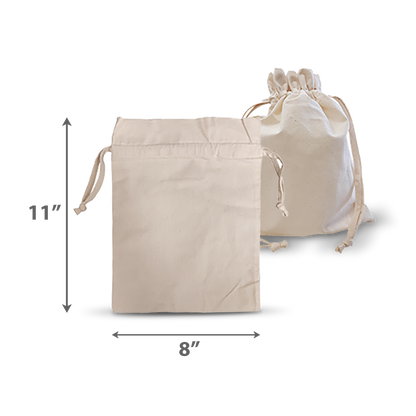 Plain 5oz canvas drawstring bag, measuring 8”W x 11”H, shown flat and cinched.