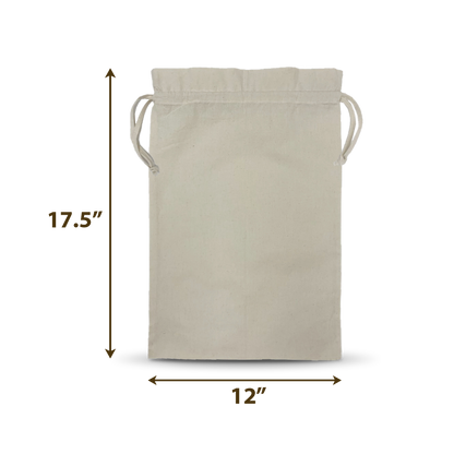 Plain canvas drawstring bag measuring 12” wide by 17.5” high.