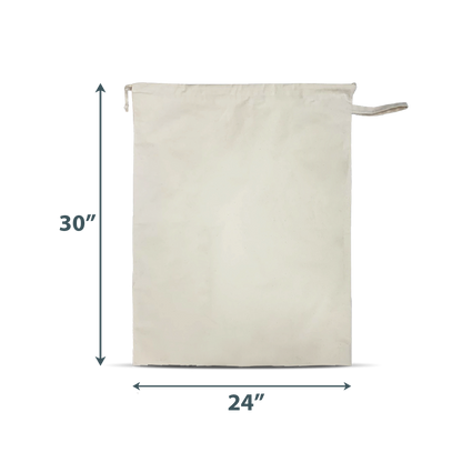 Plain canvas drawstring bag measuring 24” wide by 30” high.