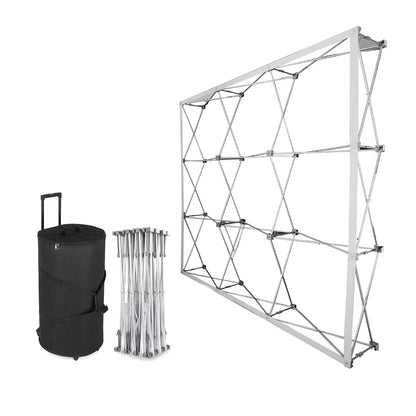 Pop-up banner frame kit with expandable stand and rolling carry case for 8x10 ft display