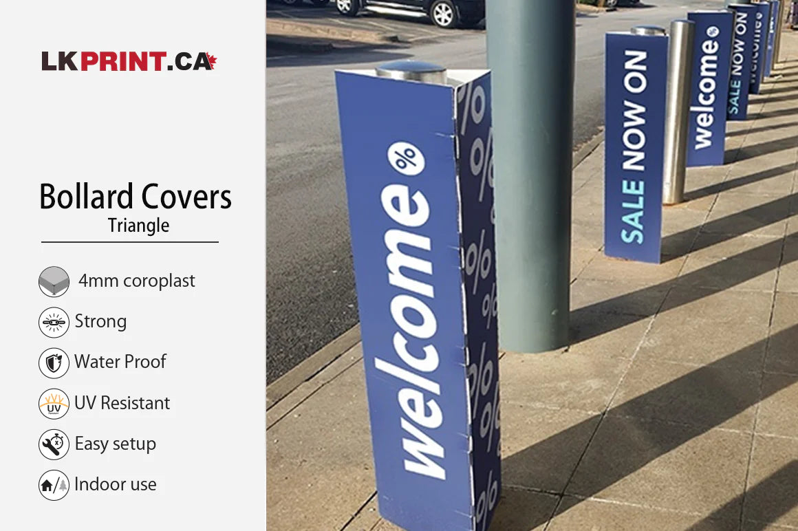 Printed triangle-shaped bollard covers made from 4mm coroplast, featuring welcome and sale graphics for indoor use, waterproof and UV resistant