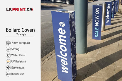 Printed triangle-shaped bollard covers made from 4mm coroplast, featuring welcome and sale graphics for indoor use, waterproof and UV resistant