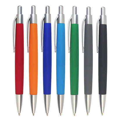 Set of seven retractable ballpoint pens in assorted colors, each with a silver clip and tip, designed for customizable branding.