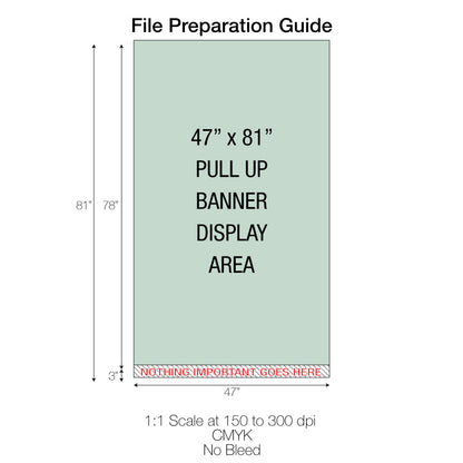 47x81 inch pull-up banner file guide with marked display area and 3-inch non-print zone