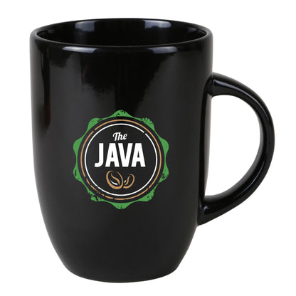 Glossy black ceramic mug featuring a full-color logo on the front