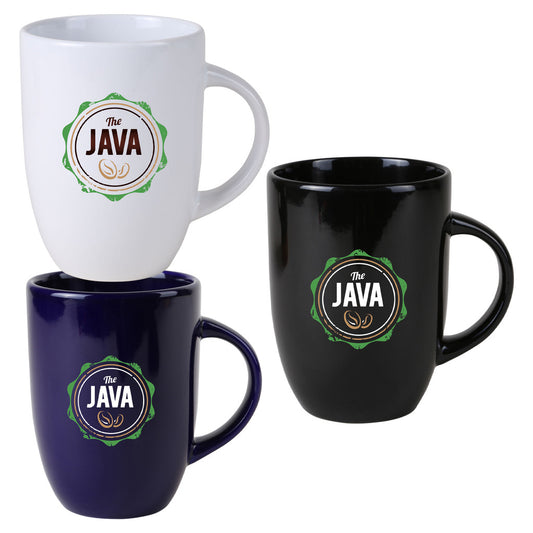 Ceramic mugs in white, black, and navy, each featuring a full-color logo