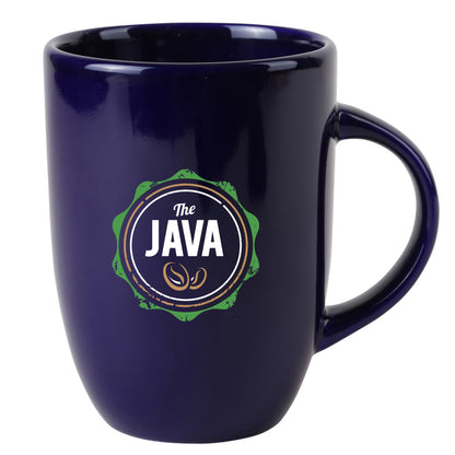 Glossy navy blue ceramic mug featuring a full-color logo on the front