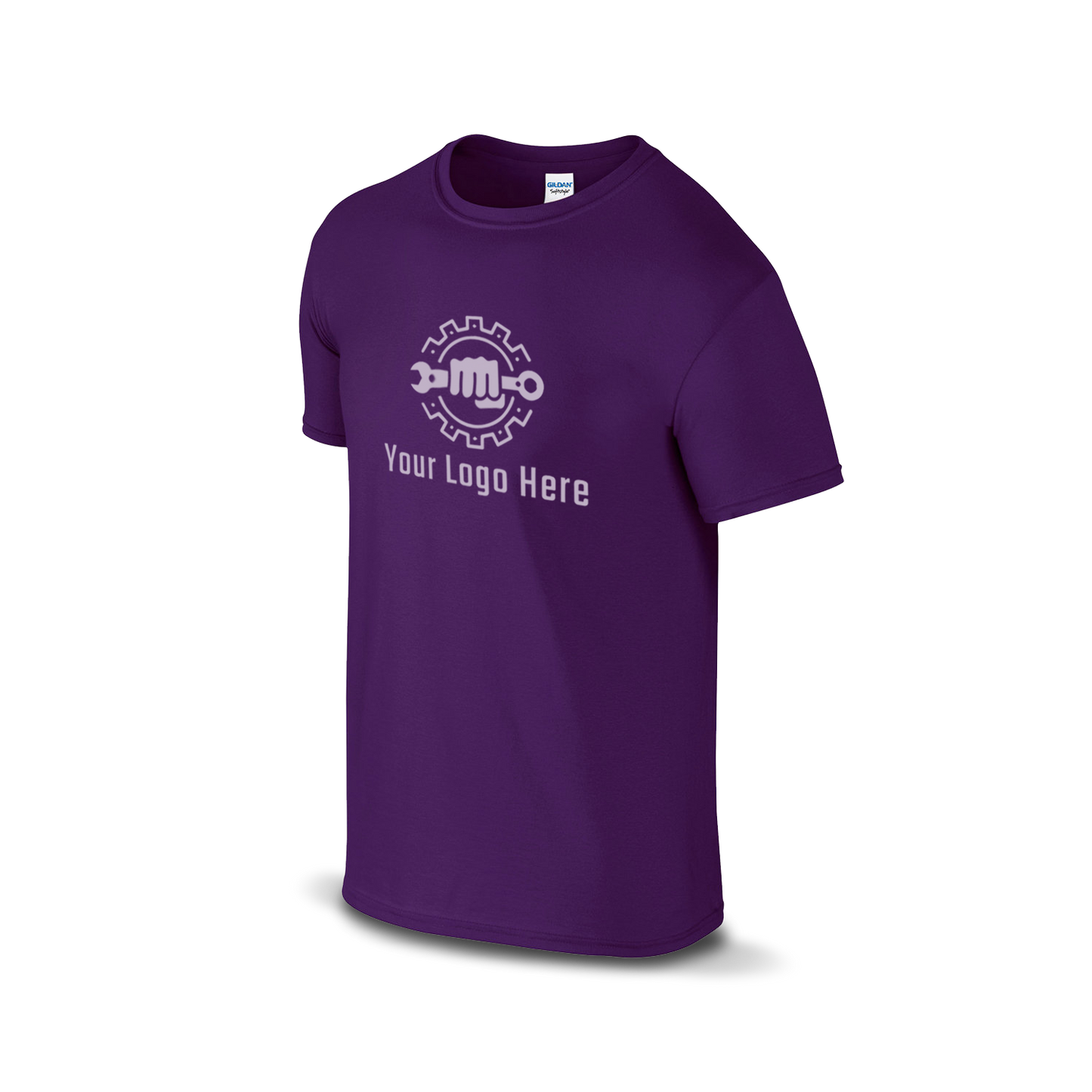 Purple Gildan T-shirt with customizable logo and wrench design.