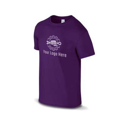 Purple Gildan T-shirt with customizable logo and wrench design.