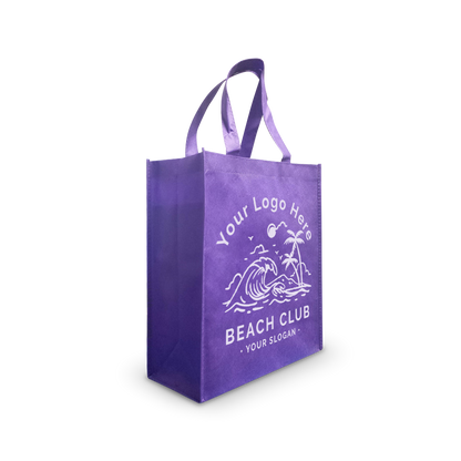 Purple reusable tote bag with beach-themed custom logo design.