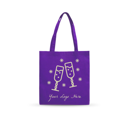 Purple reusable tote bag with champagne glasses and custom logo design.