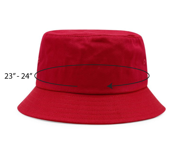 Red custom bucket hat with 23 to 24 inch head circumference size guide, ideal for promotional use and accurate fitting