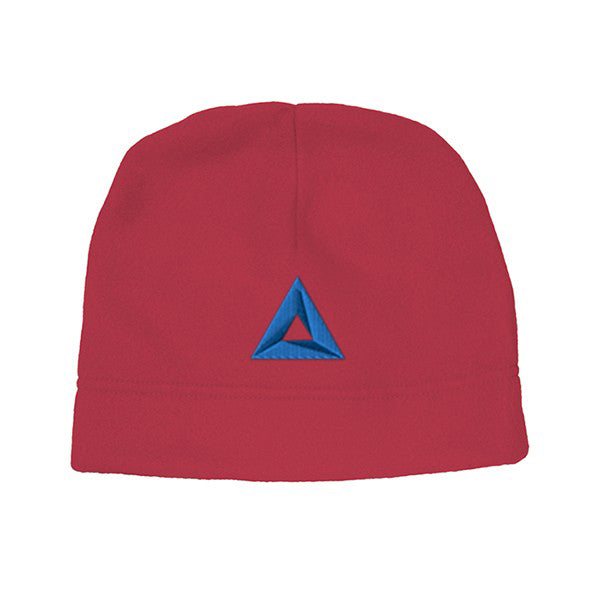 Red hemmed polar fleece beanie featuring a dark blue embroidered triangle logo on the front center.