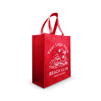 Red reusable tote bag with beach-themed custom logo design.