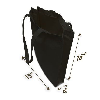 Black canvas tote bag with long straps and spacious gusseted base (15" x 16" x 4").