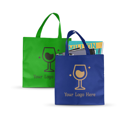 Green and blue reusable tote bags with wine glass logo and custom text, one shown holding books.