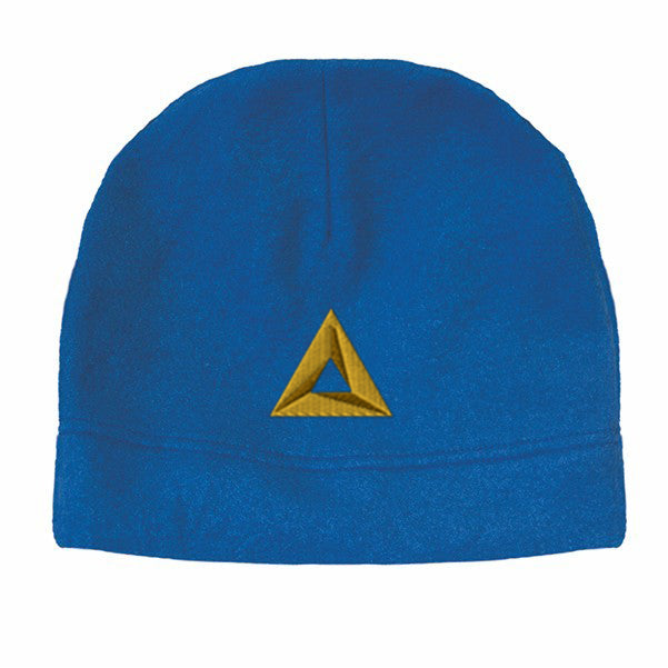 Royal blue hemmed polar fleece beanie featuring a yellow embroidered triangle logo on the front center.