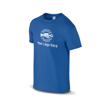 Royal blue short-sleeve t-shirt with a white logo and customizable tagline.