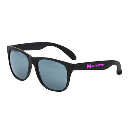 Pair of sunglasses with black front frames and tinted lenses, featuring black arms with a pink customized logo.