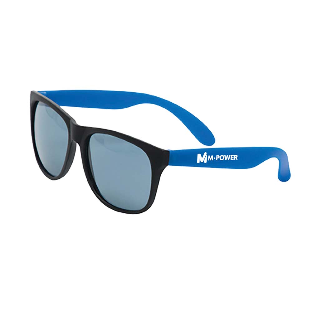 Pair of sunglasses with black front frames and tinted lenses, featuring blue arms with a white customized logo.
