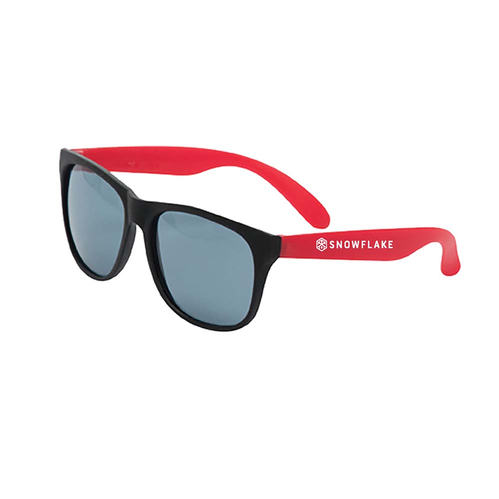 Pair of sunglasses with black front frames and dark lenses, featuring bright red arms printed with a white customized logo 