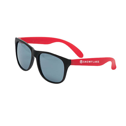 Pair of sunglasses with black front frames and dark lenses, featuring bright red arms printed with a white customized logo 