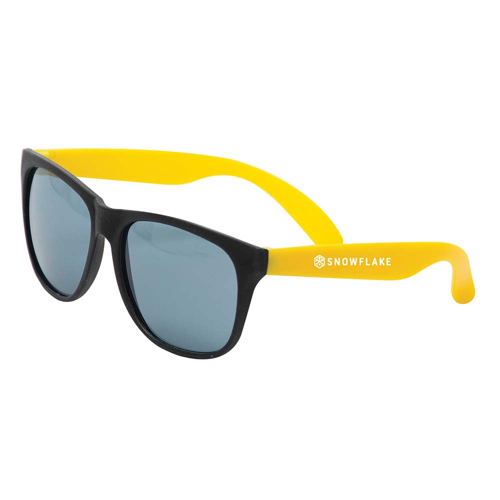 Pair of sunglasses with black front frames and tinted lenses, featuring yellow arms with a white customized logo.