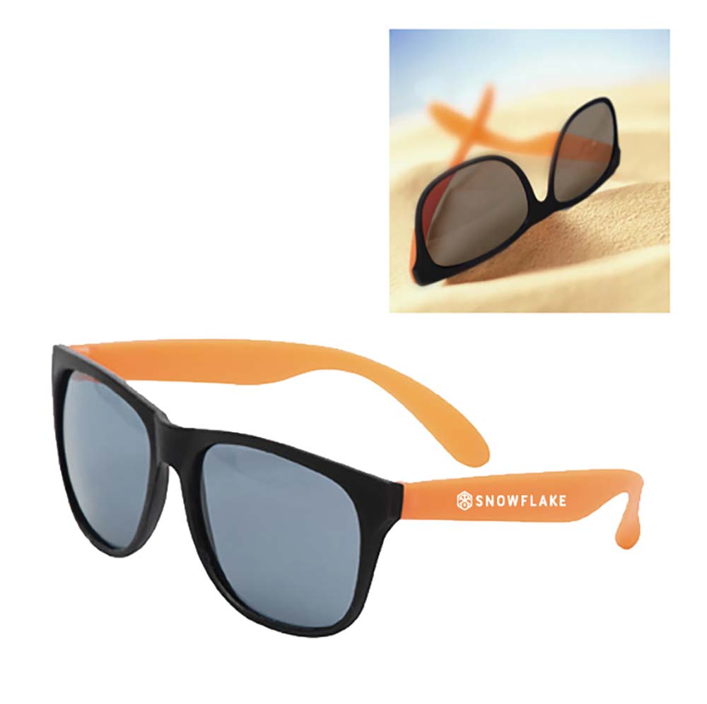 Pair of sunglasses with black front frames and tinted lenses, featuring orange arms with a white customized logo.