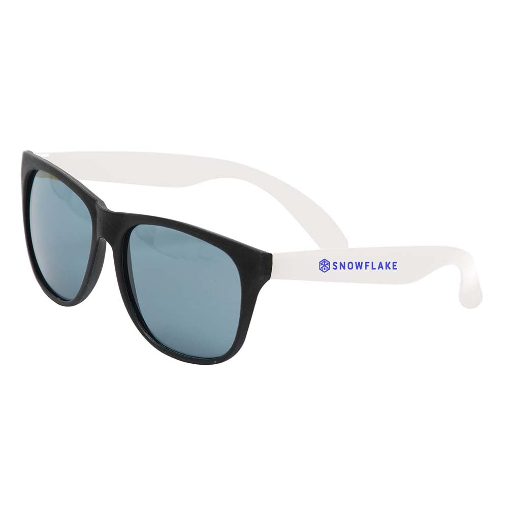 Pair of sunglasses with black front frames and tinted lenses, featuring white arms with a blue customized logo.