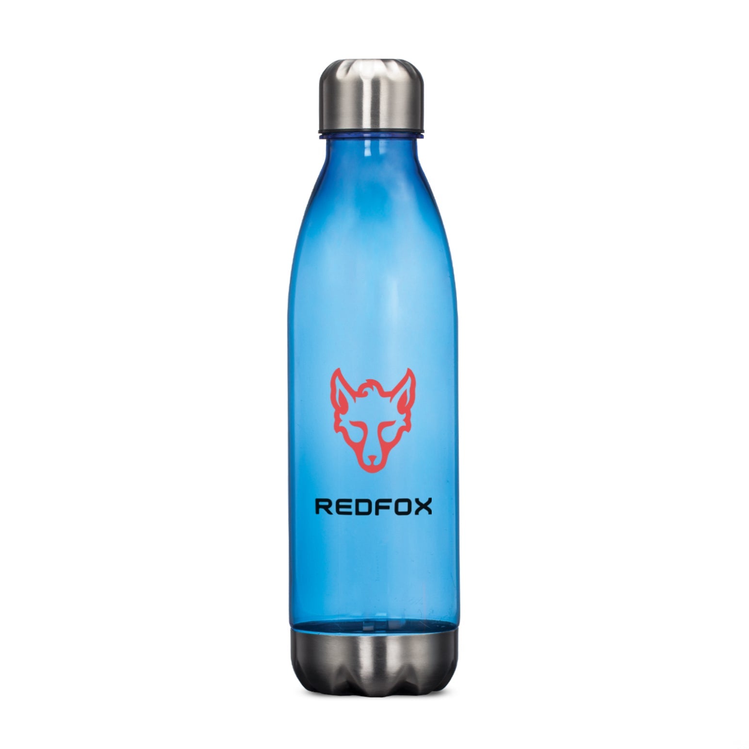 Translucent blue water bottle with stainless steel lid and base, featuring red fox logo on front