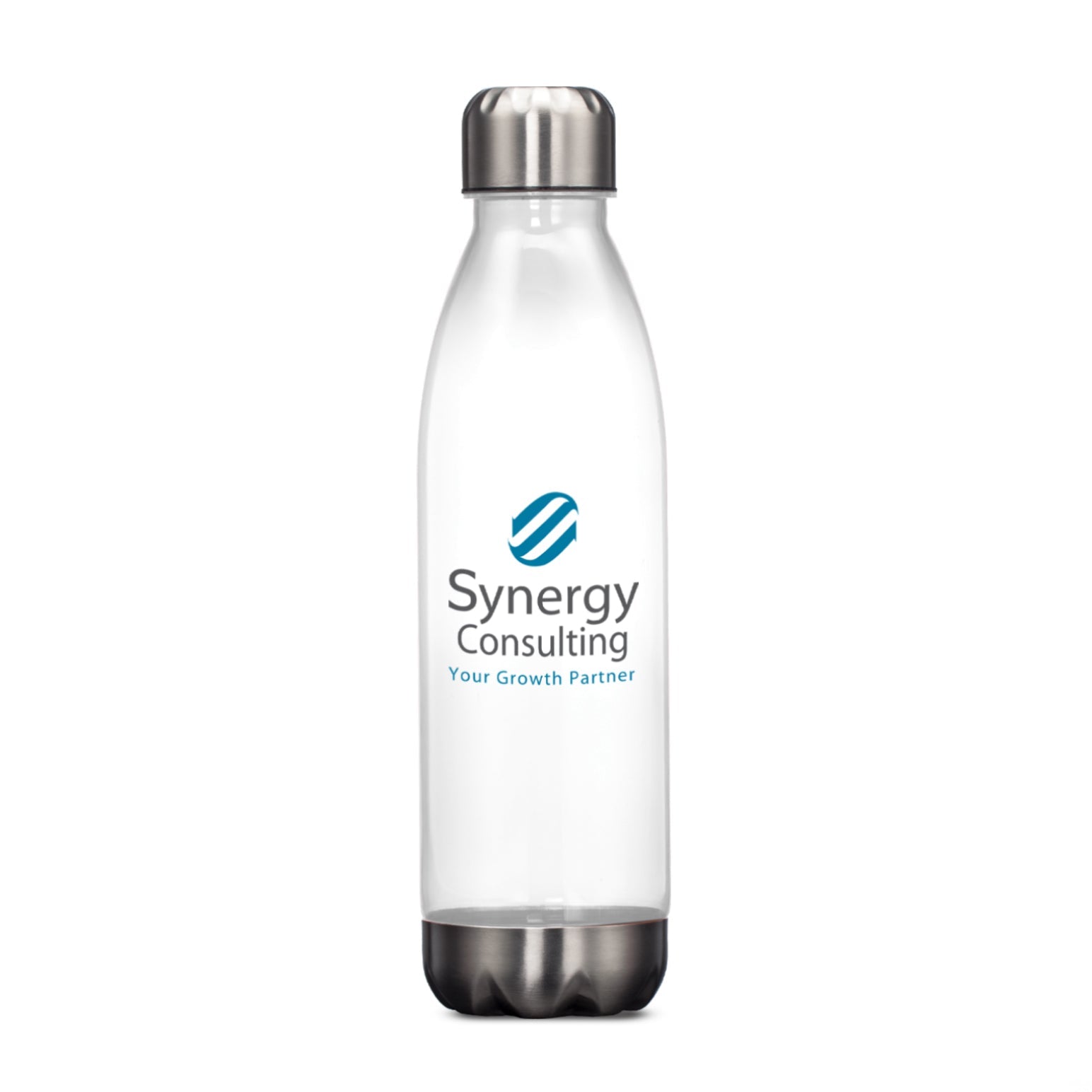 Clear water bottle with stainless steel lid and base, featuring logo on front.