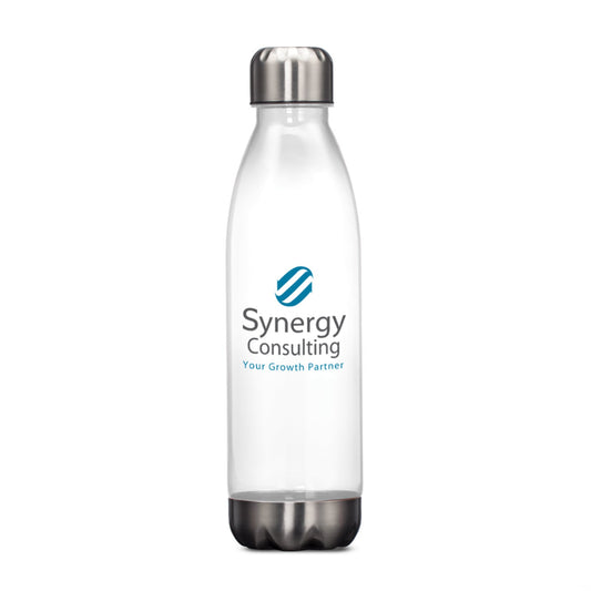 Clear water bottle with stainless steel lid and base, featuring logo on front.