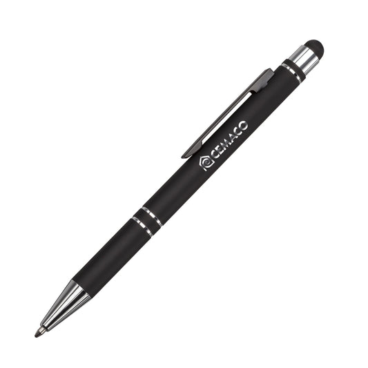 Black stylus pen with chrome accents and a clip, featuring a logo printed on the barrel.