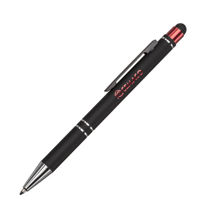 Black stylus pen with chrome accents and a red metallic top, featuring a sleek clip and twist-action mechanism.
