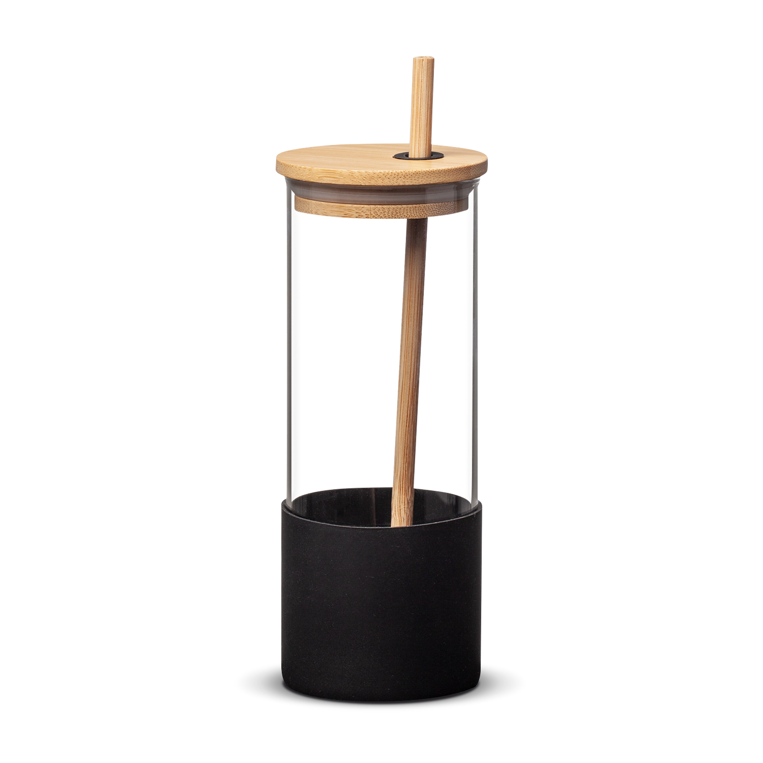 Minimalist glass tumbler with bamboo lid, wooden straw, and a black silicone sleeve at the base — no visible branding