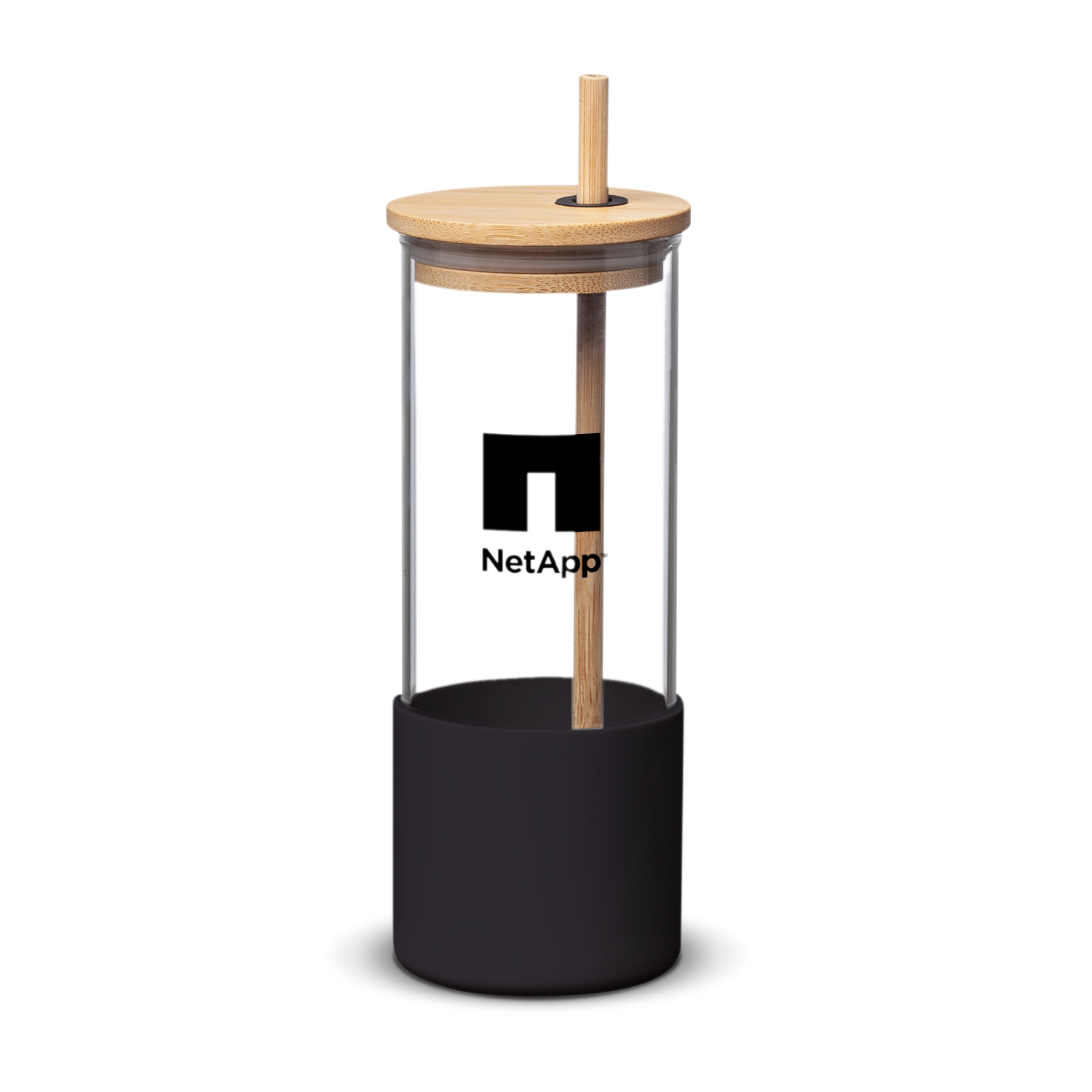 Clear glass tumbler with a black silicone base, bamboo lid, and straw, featuring a printed “NetApp” logo on the front.