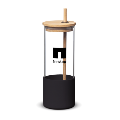 Clear glass tumbler with a black silicone base, bamboo lid, and straw, featuring a printed “NetApp” logo on the front.