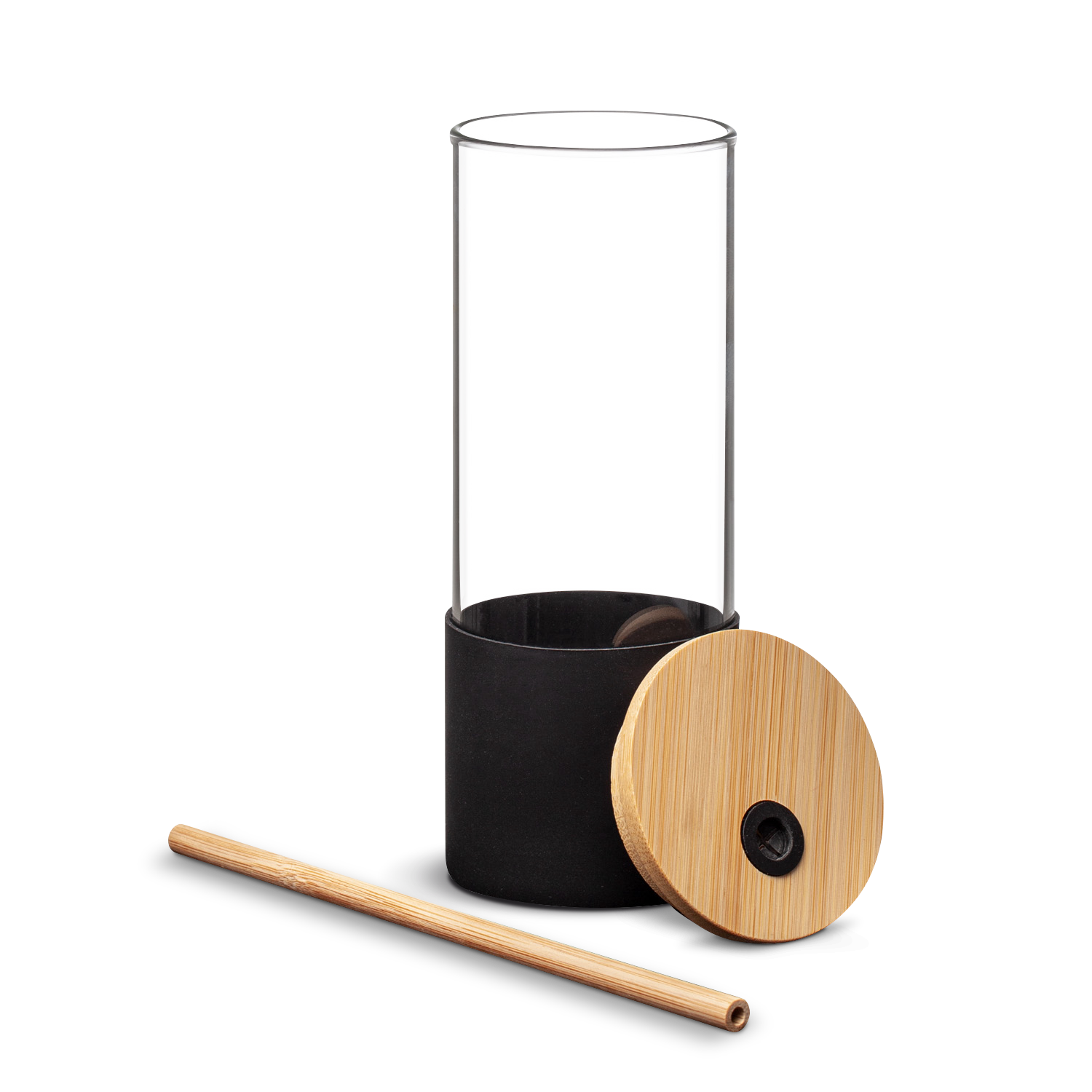 Disassembled eco-friendly glass tumbler featuring a transparent body, black silicone base, separate bamboo lid with straw hole, and a matching wooden straw.